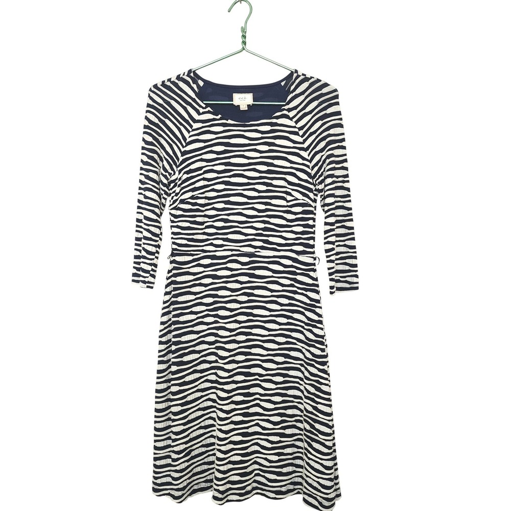 ECI New York Navy White Striped Textured Knit Dress 3/4 Sleeve Size 8 Preppy